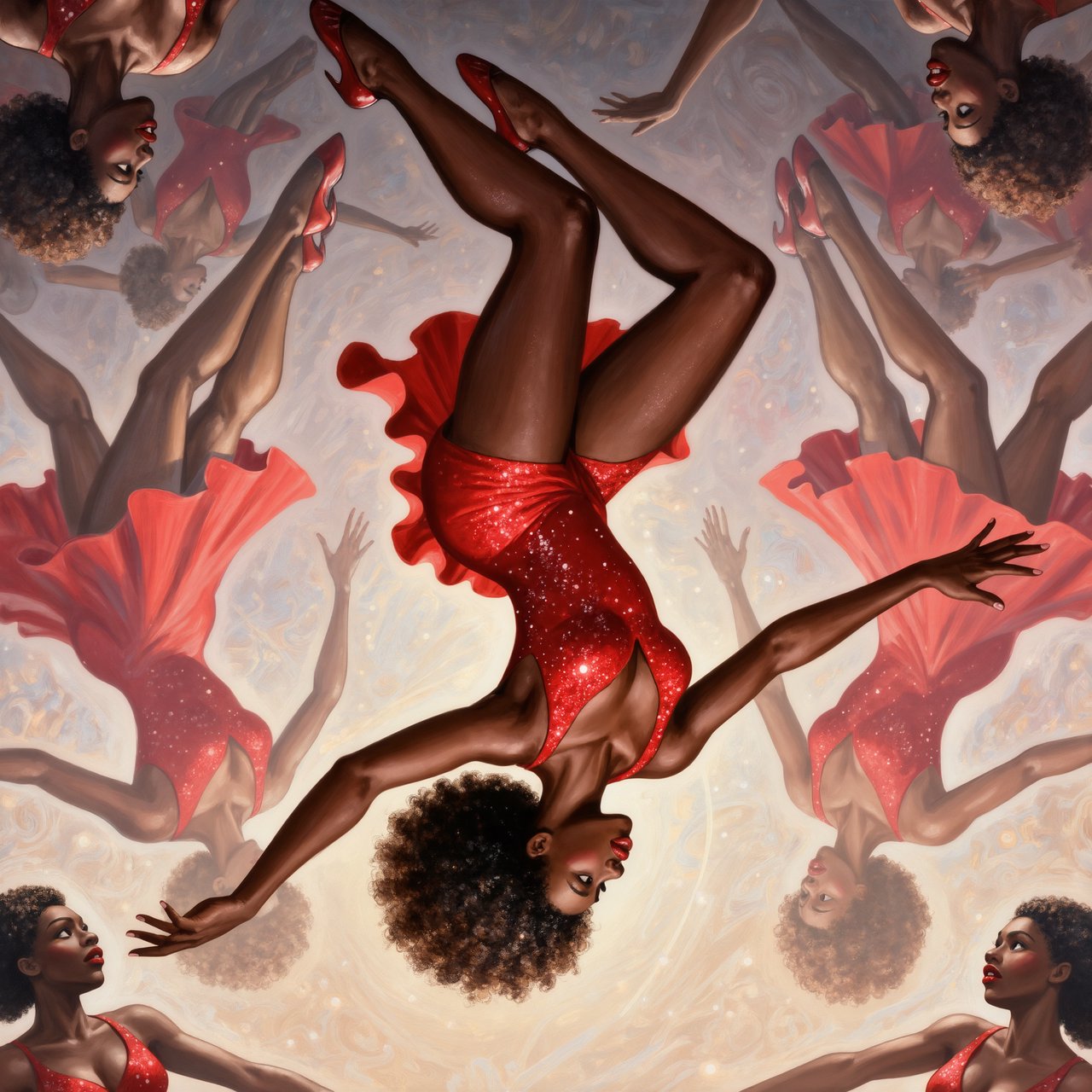 Image of a pop-dance African-American diva. The woman hangs completely inverted in mid-air, head pointing toward the floor and legs toward the ceiling. Her huge hair falls and spreads dramatically in the opposite direction, while her expression remains cool and composed. Her red gown is turned inside out, exposing its sparkling lining, seams, and construction. To push the surrealism further, a second, reversed version of her silhouette appears to peel outward from her original form, like a three-dimensional reflection escaping its owner. Multiple copies of the woman circle around a central point, each rotated to a different angle. Their flowing hair and red gowns form a pinwheel or circular vortex, creating the impression that one woman is spinning endlessly around herself. — Kling v3 Omni