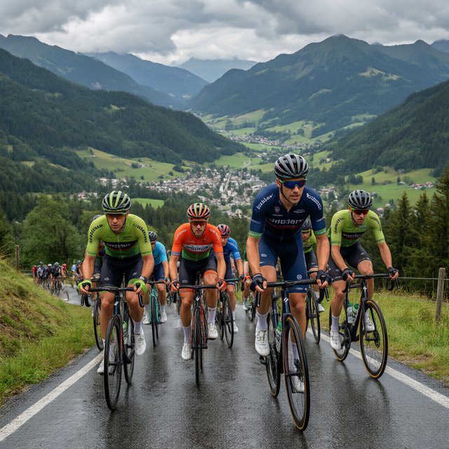 A frontal, close-up shot of a field of competitive cyclists ascending a mountain in the rain. In the background, we see a lush green valley with a small town. — Qwen Image 3.0
