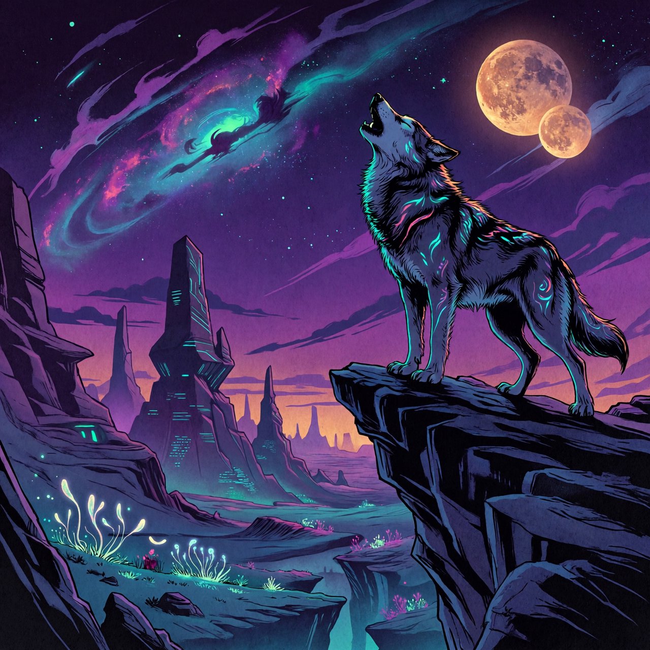 A solitary wolf, its fur subtly infused with shimmering, bio-luminescent patterns, howling at a sky filled with twin moons. The wolf stands on a cliff overlooking a vast, alien landscape dotted with strange, glowing rock formations and spectral, phosphorescent vegetation. — ImagineArt 2