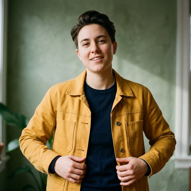 Fashion portrait of an adult nonbinary person in their late twenties wearing a structured saffron-yellow canvas jacket over a fine-gauge navy merino top, hands resting on the jacket hem. Their bright, self-assured expression contrasts with a softly lit sage-green backdrop. — Nano Banana 2.1