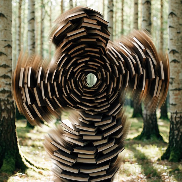 Create an adult odalisque entirely made of anthologies. The odalisque is formed from an anthology, with movement and motion blur that clearly shows its composition. The material should appear high quality, with dappled sunlight. The background is a birch forest, and the overall mood is Futurism. — Recraft v4 Pro