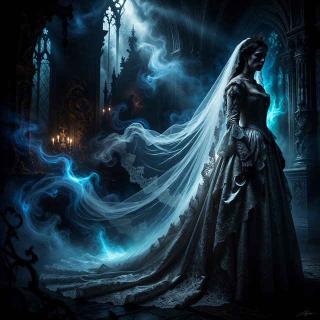 Baroque-style digital dark fantasy and cinematic Gothic horror; painterly realism, chiaroscuro à la Caravaggio; cool color palette of blues and turquoises, deep black shadows; swirling magical smoke, dynamic diagonal composition; intricate lace fabrics, detailed skin and creature textures; volumetric lighting, elegant, fluid movement; fantasy book cover illustration; dramatic storytelling, atmospheric depth. Gothic bride — ImagineArt 1.5 Pro