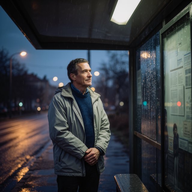 Candid documentary photograph of an adult waiting beside a city bus shelter at dawn, sodium streetlights fading into cool blue daylight, 50mm lens with shallow depth of field, fine rain droplets clinging to the shelter glass. — Kling v3 Omni