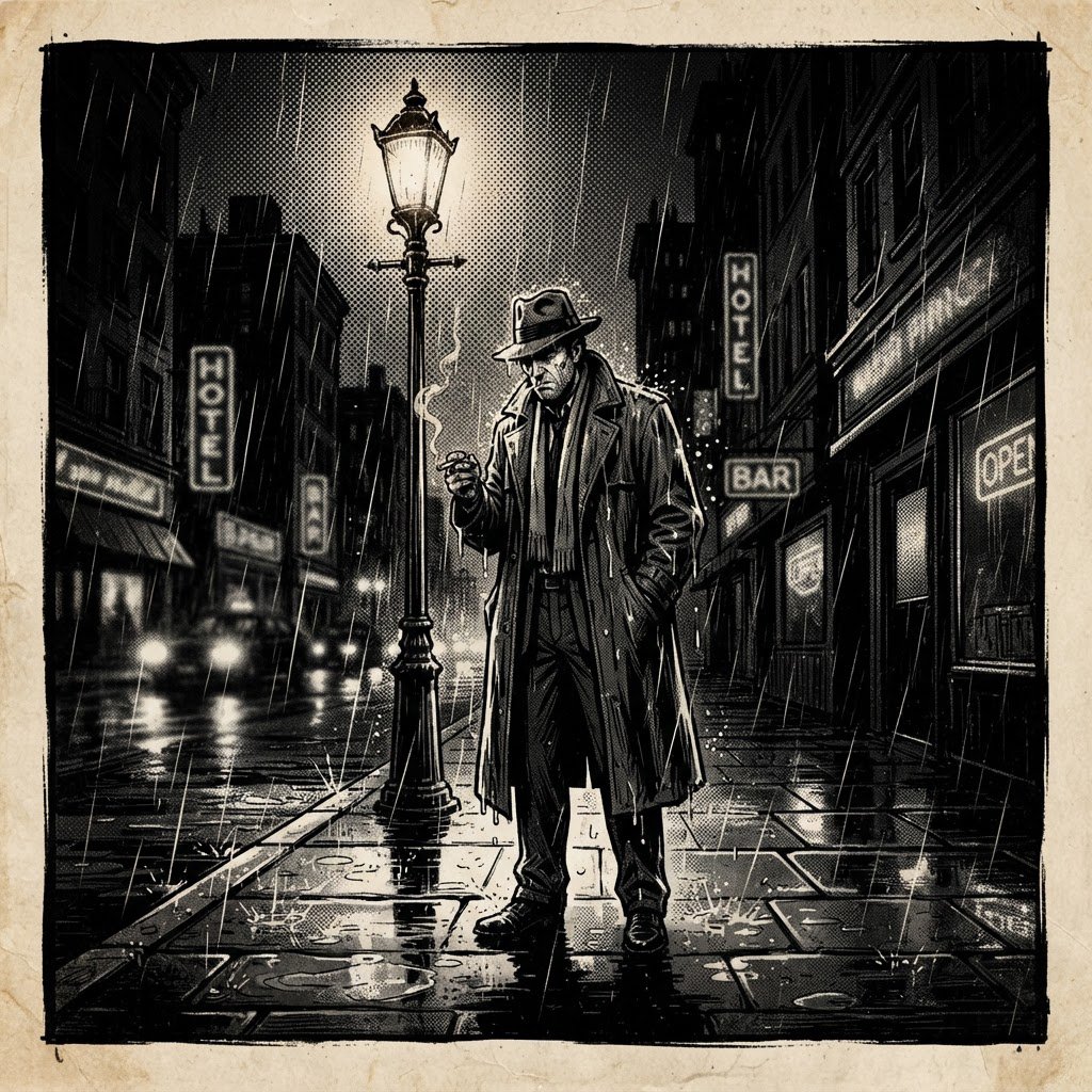 Comic panel of a detective in a trench coat under a streetlamp in the rain, bold ink, halftone shading, no speech bubbles. — Nano Banana 2 Lite
