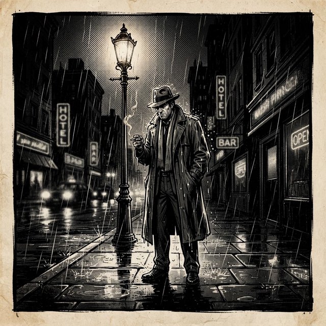 Comic panel of a detective in a trench coat under a streetlamp in the rain, bold ink, halftone shading, no speech bubbles. — Nano Banana 2 Lite