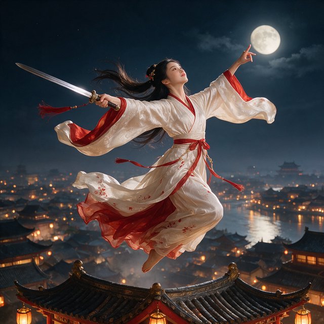 Elegant young adult Chinese female dancer performing a sword dance on a rooftop in ancient China at night, wearing flowing hanfu in primary white with secondary red accents. She leaps high in midair with her body arched backward, sword arm thrust forward, while her other arm rises gracefully above her with the hand forming delicate orchid fingers. Frontal three-quarter view, long black hair and sleeves flowing, expressive elegant pose, lantern-lit ancient city below, glowing rooftops and streets, romantic moonlit atmosphere. — Seedream 5.0 Pro
