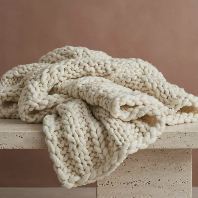 Soft folds of an unbranded chunky-knit wool throw rest on a pale travertine bench; its looped surface catches broad diffused key light and gentle side fill against a muted terracotta studio background, forming a clean commercial product image with no lettering. — Model 14
