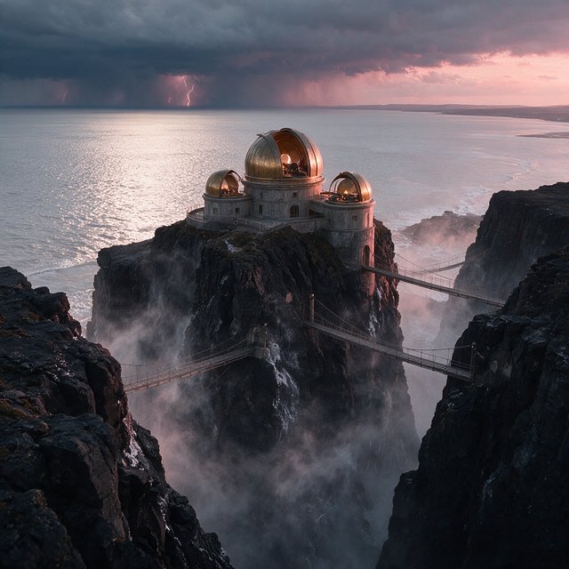 A wind-carved observatory crowns black cliffs above a silver inland sea, its open brass domes catching the last rose light. Salt mist drifts through suspended bridges as distant storms flicker beyond the horizon. — Seedream 5.0 Pro