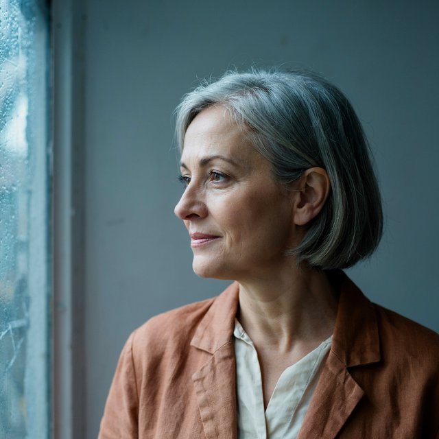 By a rain-streaked studio window, an adult woman in her early 60s turns in profile for a portrait photograph, wearing a copper-colored linen jacket over a cream cotton blouse. Her quietly amused expression rests against a muted blue-gray wall, shaped by cool, soft window light. — Ideogram v4.5