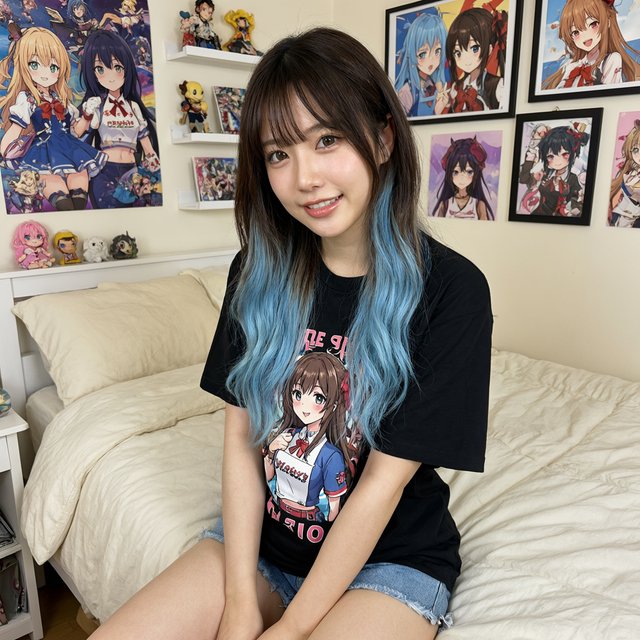 A young beautiful woman of Chinese descent, she is twenty years old, sitting in a bedroom, sitting on the edge of her bed. She is wearing a black anime-themed shirt and denim shorts. She has dark brown hair with light blue highlights, brown eyes, pale skin. Her bedroom has anime- and video game-inspired posters and trinkets. Looking at the viewer, smiling. — Qwen Image 3.0 Pro