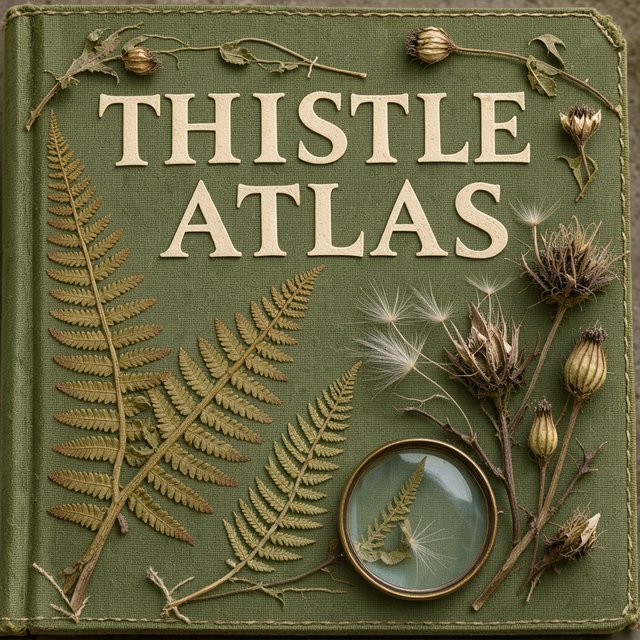 Pressed fern fronds, seed pods, and a magnifying lens frame a naturalist’s field-guide book cover on moss-green cloth; “THISTLE ATLAS” spans the upper third in hand-cut ivory serif capitals, with no other legible writing. — Model 2