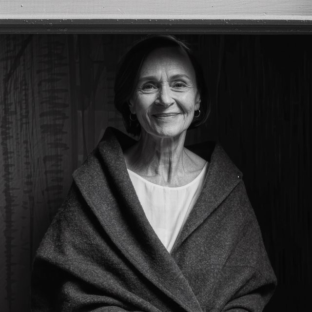 Under a narrow window beam, an adult woman in her late 50s wears a sculpted wool cape over a cotton blouse; her wry expression rests against a charcoal plaster backdrop in a black-and-white portrait, shaped by soft angled light. — Kling v3 Omni