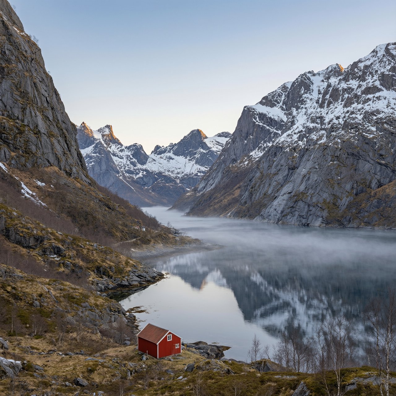 A Norwegian fjord at dawn, mist over still water, a single red cabin on the shore, snow on the peaks, wide angle. — Qwen Image 3.0 Pro