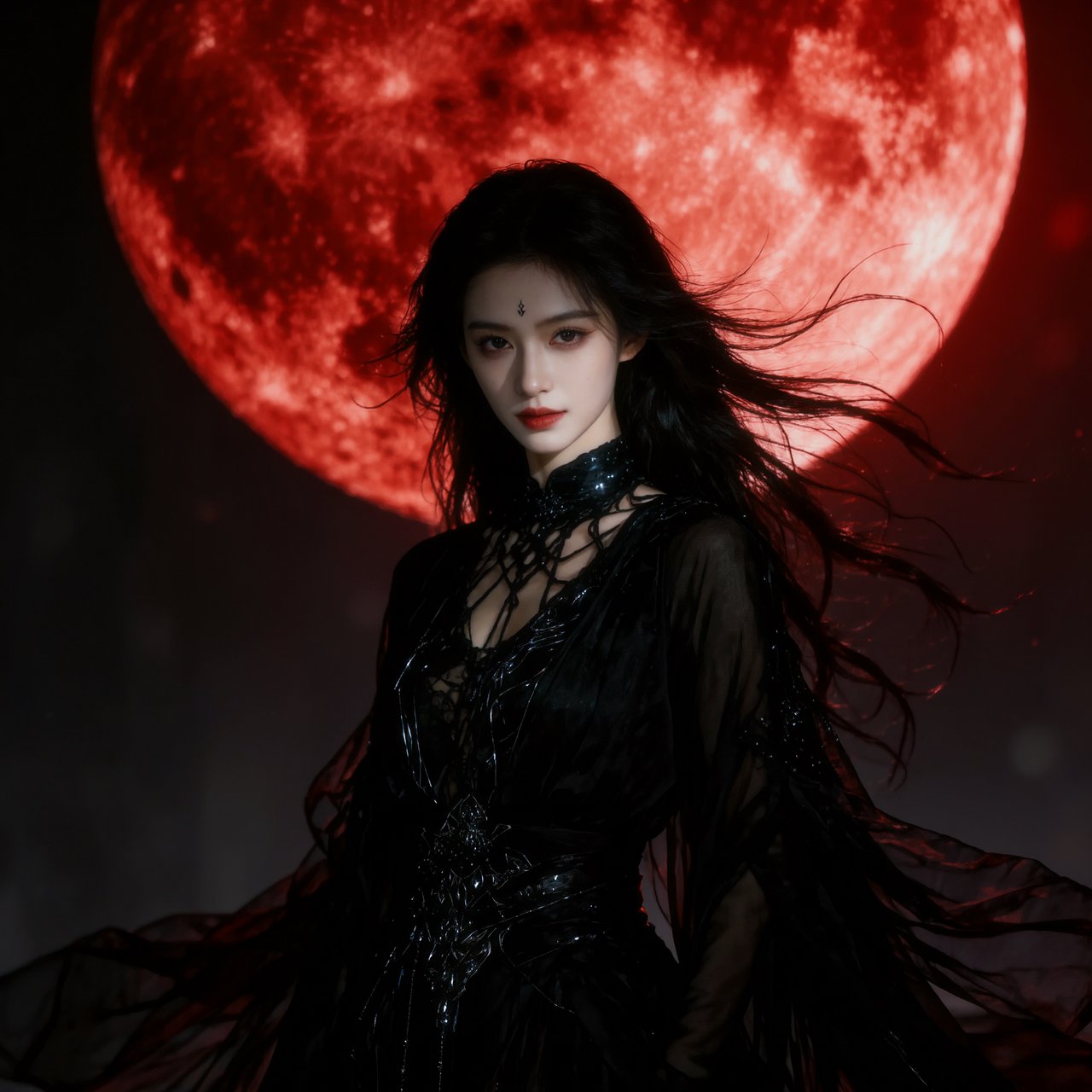 Captivating gothic goddess silhouetted against a blood red moon. Long dark hair blowing in a gentle breeze. Dramatic make-up. Ethereal black garment with silver details billowing in the breeze. Pensive expression. — Kling v3 Omni