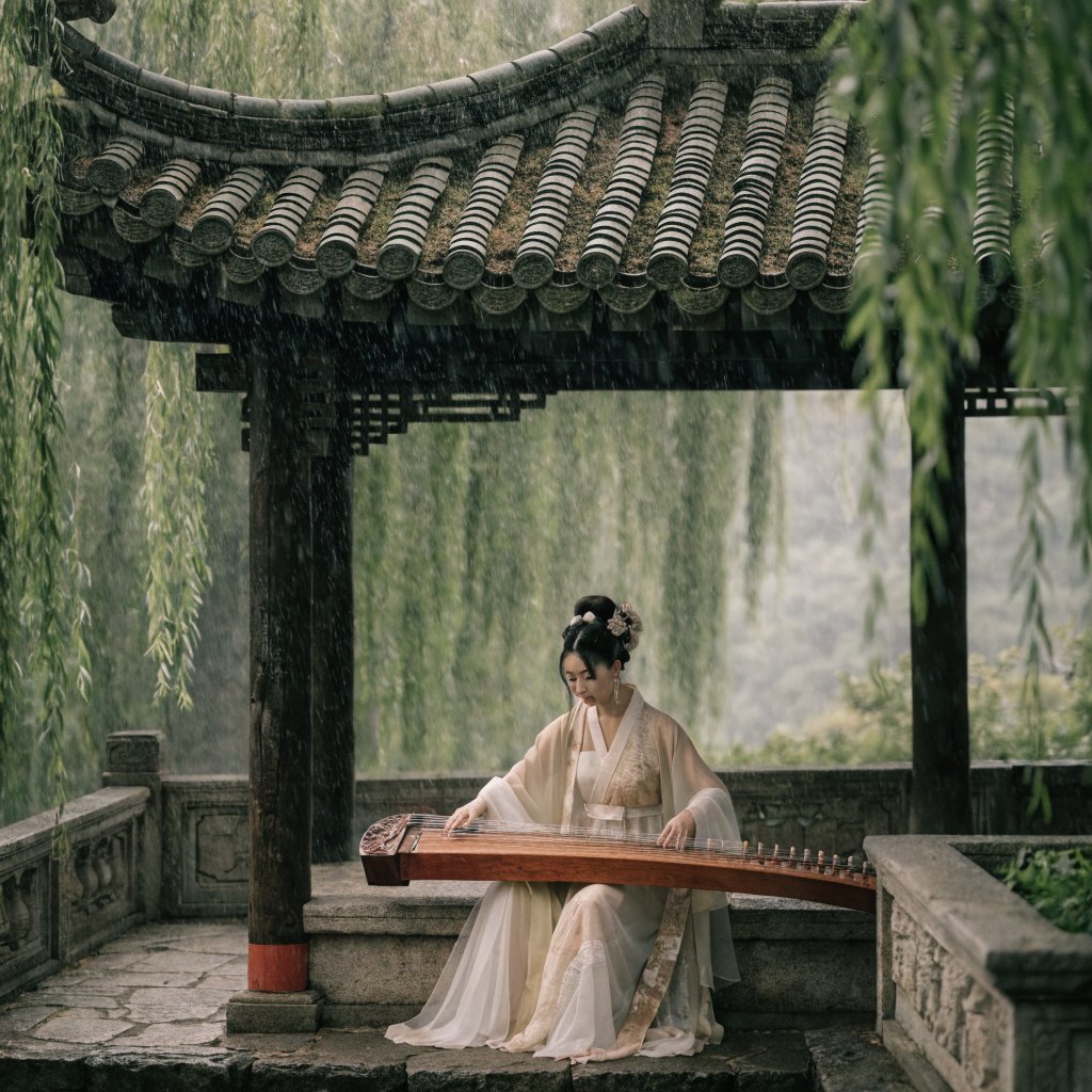 An elegant ancient Chinese lady in hanfu plays the guzheng in a quiet garden pavilion, surrounded by willow trees and mist, creating a poetic atmosphere. — Recraft v4