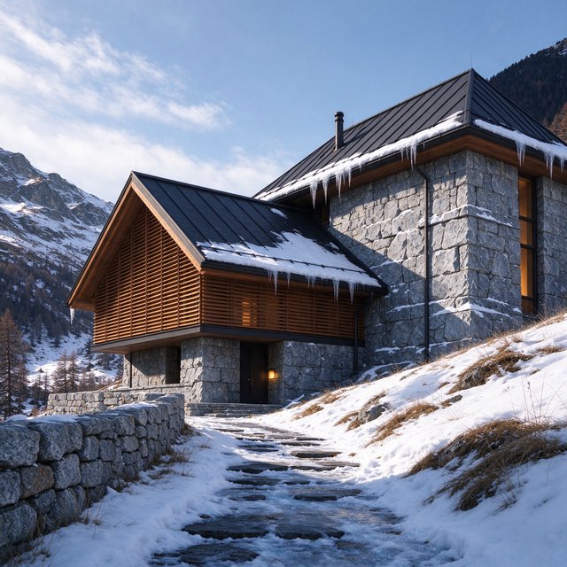 Exterior of a contemporary alpine research lodge in restrained regional modernism, rough granite walls, larch screens, steep standing-seam roof, crisp snow-bright morning light, viewed from below across a mountain footpath, sound structural geometry. — Seedream 5.0 Flash