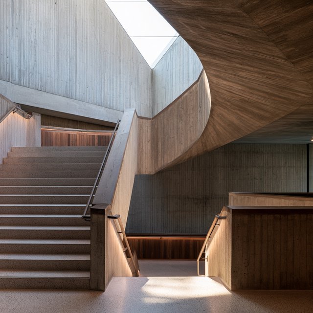 At the heart of a restrained Brutalist museum, a folded concrete stair rises beside smoked-oak handrails and terrazzo landings; skylight washes the treads, seen from the lower landing, with aligned flights and believable supports. — Midjourney V8.2
