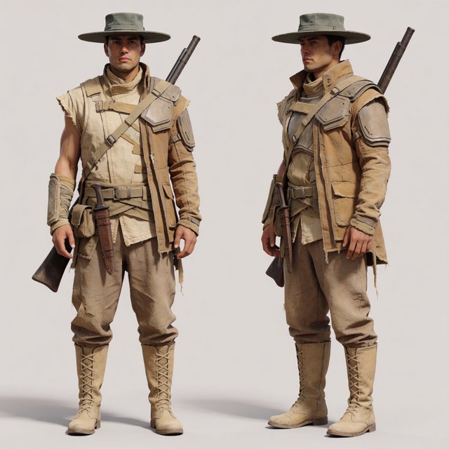 Character design sheet of a desert ranger in layered sand-coloured armour with a long rifle, front and side view, neutral background. — Krea 2 Medium