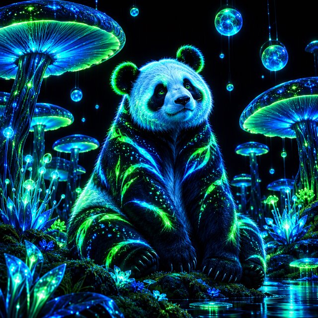 A bioluminescent panda bear, its fur patterns glowing with neon blues and vibrant greens, sits peacefully amidst a grove of luminous, alien flora. Giant, pulsing mushrooms and floating orbs of light create an otherworldly ambiance. The background fades into an inky blackness, making the glowing elements pop. Style: Sci-fi fantasy illustration with sharp, defined lines and glowing contrasts, drawing inspiration from futuristic concept art. — GPT Image 2.5 Flare