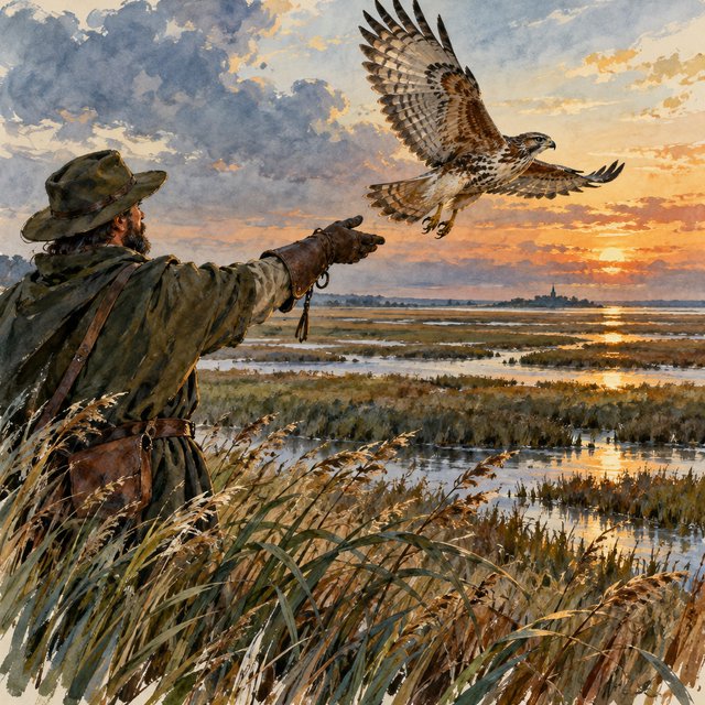 Ink-and-gouache illustration of an adult falconer releasing a hawk above a salt marsh, reeds bending in the wind and tidal pools catching sunset. Palette of rust, moss green, pale gold, and slate blue, with lively brushwork. — GPT Image 2.5 Sunburst