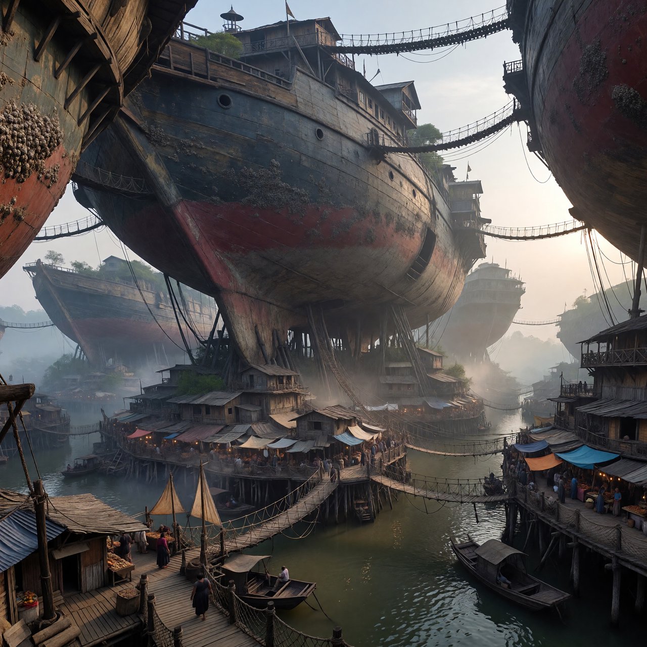 A floating market city built on the hulls of giant upturned ships, rope bridges, morning haze, wide establishing shot. — ImagineArt 1.5 Pro