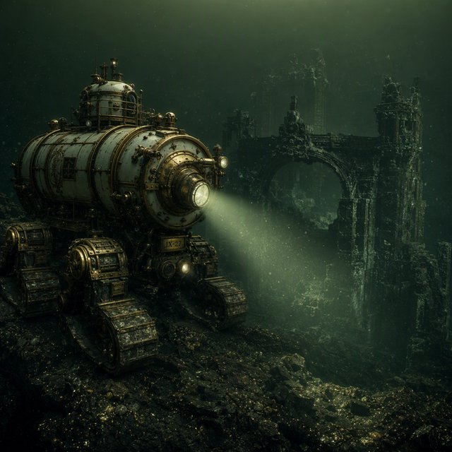 A brass-and-ceramic deep-sea crawler with arched pressure tanks trundles across the floor of a sunken obsidian caldera. Its searchlight cuts through green silt, revealing ruined stone arches far below the surface. — GPT Image 2