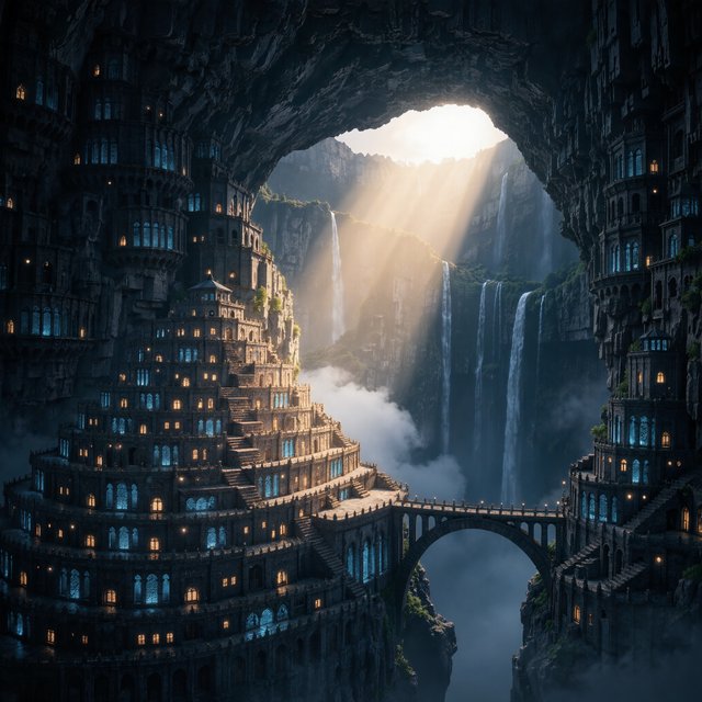 An ancient city carved inside a hollow mountain glows with windowlight, its terraced bridges spanning a blue-lit cavern while mineral mist rises around distant waterfalls and a narrow beam of sunrise reaches the deepest plaza. — Kling v3 Omni