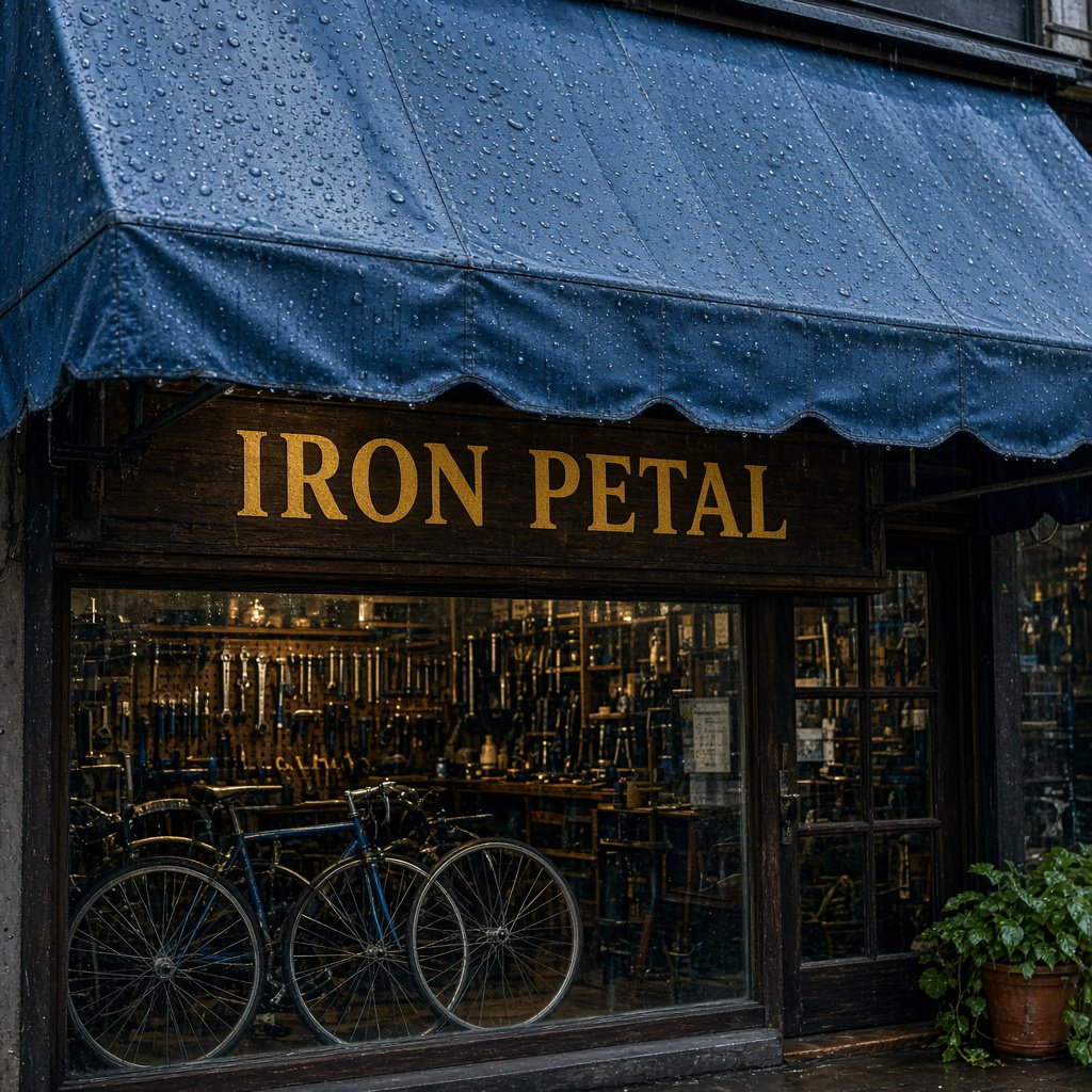 Rain beads on a bicycle repair shop’s blue awning, with wheels and brass tools visible behind the glass; “IRON PETAL” is lettered in warm yellow enamel capitals across the wooden fascia. — Grok Imagine Image 2