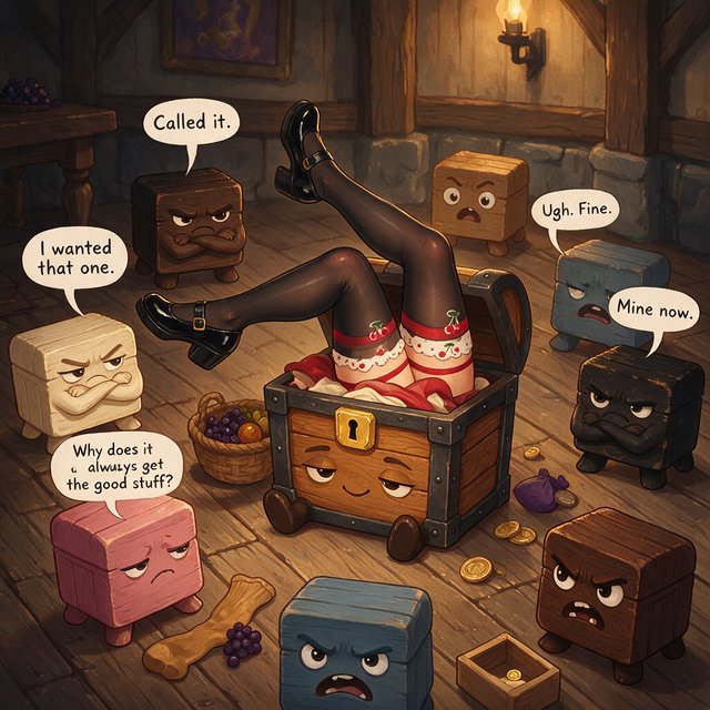 An adult swallowed by an inert mimic chest, with their legs in stockings sticking out of the chest and kicking around. A bunch of envious, cute mimic chests surround it, looking obviously jealous. — Seedream 5.0 Pro
