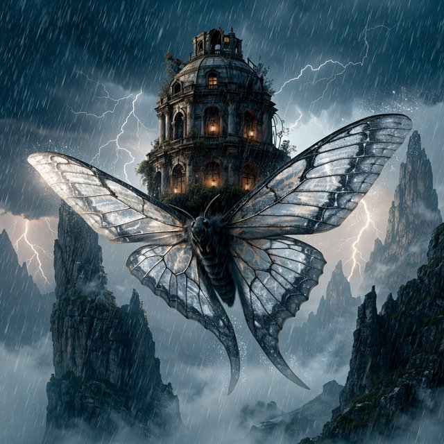 A colossal moon-moth creature glides above a stormy mountain range, its translucent wings glowing with silver veins and carrying a ruined observatory on its back. Lightning silhouettes distant peaks while amber lanterns shimmer through rain and cloud. — Recraft v4 Pro