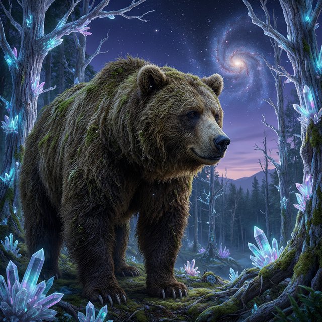 A colossal ancient bear, its fur woven with moss and starlight, stands at the edge of a shimmering, otherworldly forest. The trees are made of crystal and emit a soft, ethereal glow. In the distance, a nebula swirls in the twilight sky. The scene is rendered in a fantasy art style, with surrealist elements and cinematic lighting that emphasizes the majestic scale of nature. — Qwen Image 3.0 Pro