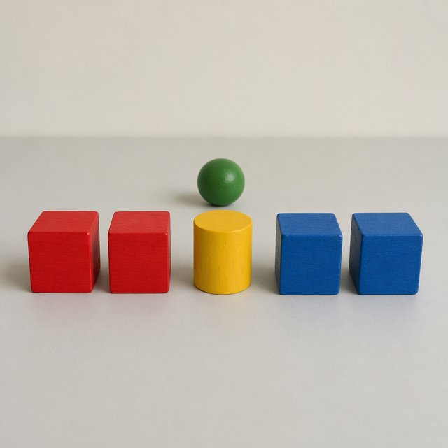 Exactly five wooden toy blocks sit on a pale gray table: two red cubes on the left, one yellow cylinder in the center, and two blue cubes on the right. A small green ball sits behind the cylinder, nothing else. — GPT Image 2