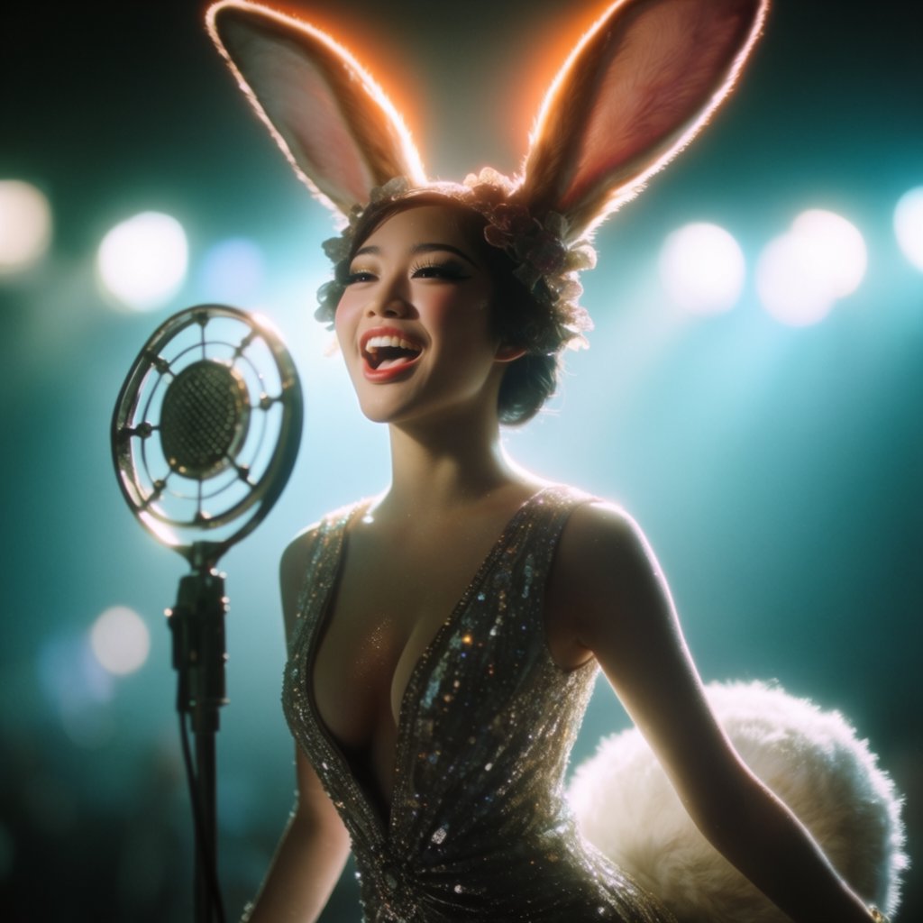 Anthropomorphic rabbit-human hybrid. No human ears visible; the areas where ears would normally be are covered by rabbit fur. A pulchritudinous East Asian 32-year-old wearing a luxurious flapper dress with a deep V split down the center, standing on stage behind a luxurious retro microphone, singing her heart out into it. Taken with a professional DSLR camera and a 35mm lens. Background bokeh, stage lights with a bloom effect. — Krea 2 Large