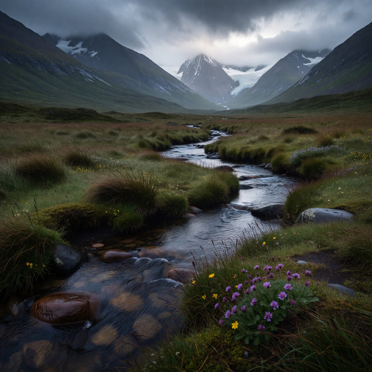 A windswept alpine meadow beneath heavy morning clouds, fresh rain darkening the grasses, a braided stream winding toward distant snowcapped peaks, tiny wildflowers and wet stones sharpening the foreground texture and layered depth. — ImagineArt 1.5 Pro