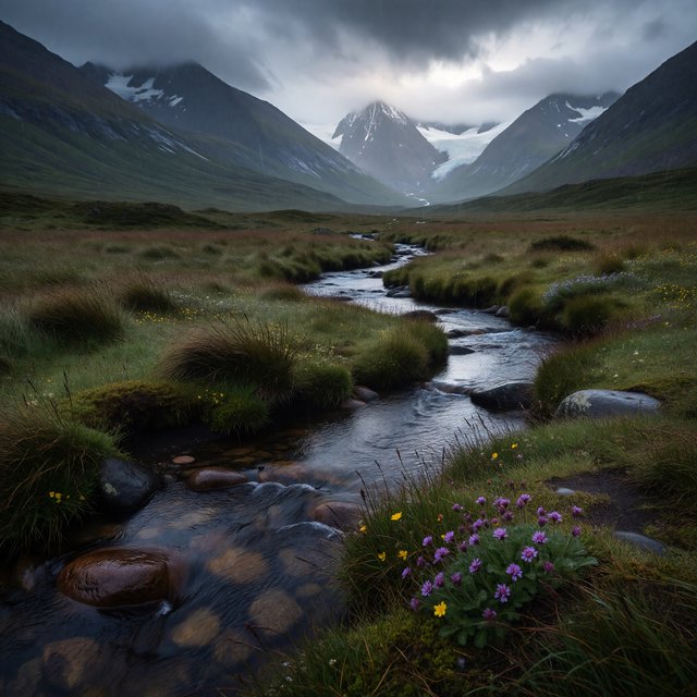 A windswept alpine meadow beneath heavy morning clouds, fresh rain darkening the grasses, a braided stream winding toward distant snowcapped peaks, tiny wildflowers and wet stones sharpening the foreground texture and layered depth. — ImagineArt 1.5 Pro