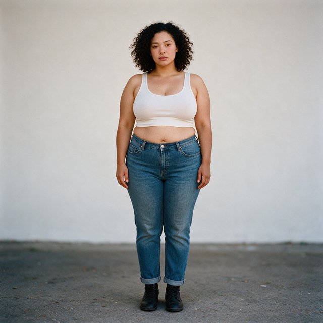 A pretty mixed-race woman of Korean, White, and Black heritage, curvy, full-body image, plain background. — Seedream 5.0 Pro