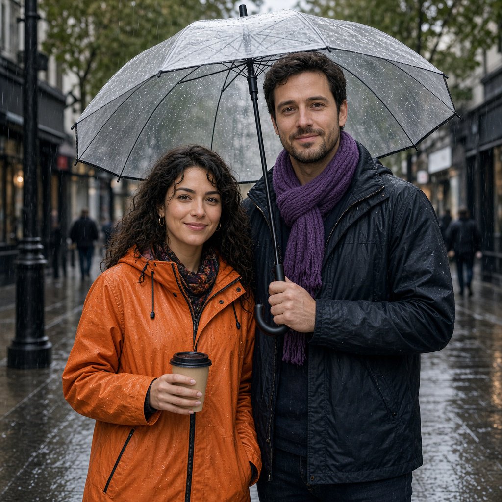 A man with a purple scarf holding a transparent umbrella, standing to the right of a woman in an orange raincoat who holds a paper cup, both facing the camera. — Grok Imagine Image 2