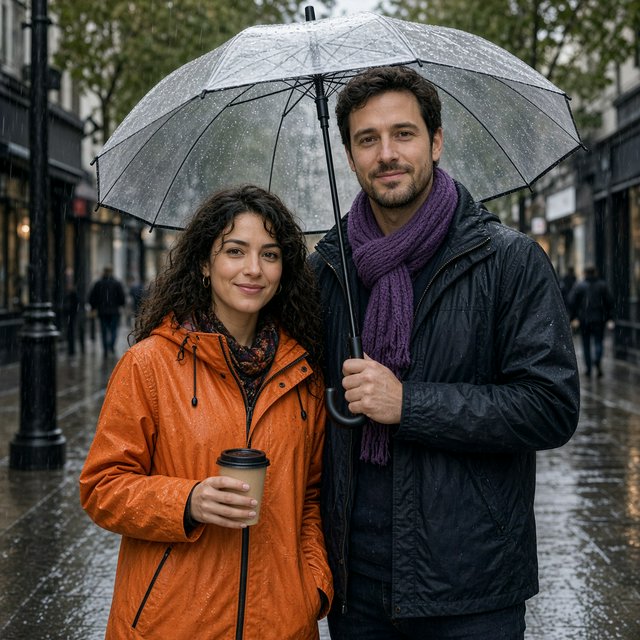A man with a purple scarf holding a transparent umbrella, standing to the right of a woman in an orange raincoat who holds a paper cup, both facing the camera. — Grok Imagine Image 2