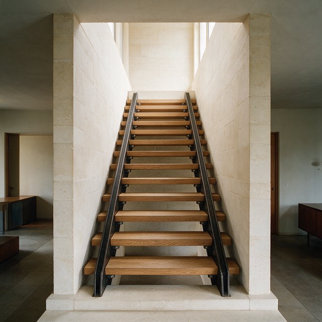 Beneath a pale limestone stairwell, a restrained mid-century modern interior frames a straight oak stair with blackened-steel stringers and limestone landings; afternoon clerestory light, viewed from the upper landing, reveals credible connections and aligned geometry. — Seedream 5.0 Pro