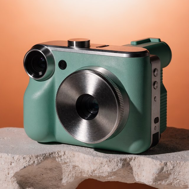 Commercial product photograph of an unbranded compact instant camera in matte forest-green polymer with brushed steel details, resting on a pale concrete surface against a warm peach background, illuminated by broad diffused studio light and a soft rim light. — Recraft v4 Pro