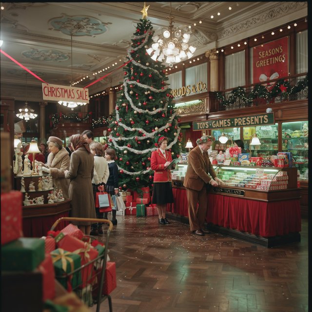A UK department store in the 1970s at Christmas time. The lighting and decor will be very festive, with staff members dressed in festive outfits. — Ideogram v4