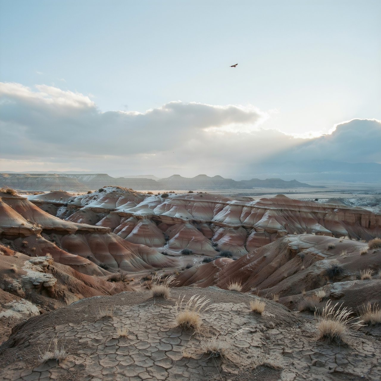 A red-sandstone badlands plateau beneath clearing winter clouds at sunrise, overnight frost silvering the gullies; cracked clay and wind-smoothed rock lead the eye across layered mesas fading into pale distance. — Ideogram v4
