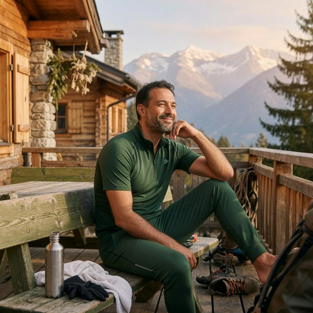 Editorial glamour photograph of an adult man in a forest-green fitness set, resting naturally after a hike on a sunlit alpine lodge terrace, flattering morning light on his face, relaxed expression, distant peaks softened behind him. — Grok Imagine Image Quality