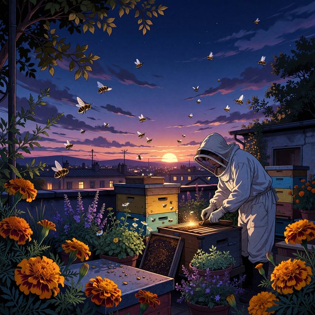 Cel-shaded anime illustration of an adult rooftop beekeeper tending lively hives among marigolds and herbs at dusk, with bees drifting past distant windows. Palette of saffron, violet, mint, and midnight blue, crisp contours and gentle gradients. — ImagineArt 1.5 Pro