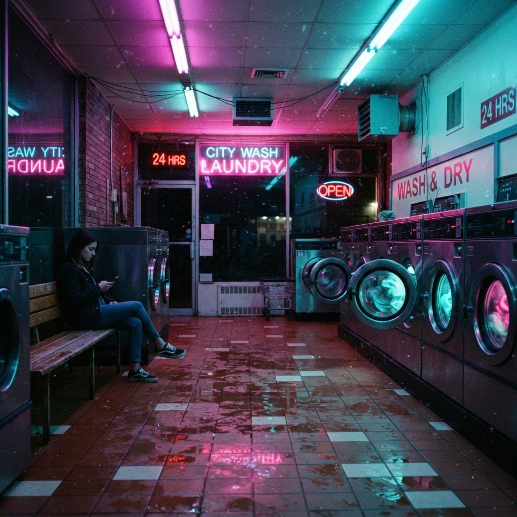 Neon washes a nearly empty overnight laundromat, reflections trembling across tiled floor and spinning steel drums. A handheld street snapshot under magenta and cyan tubes, shot at 35mm with moderate depth of field, catches lint drifting in the air. — Nano Banana 2 Lite