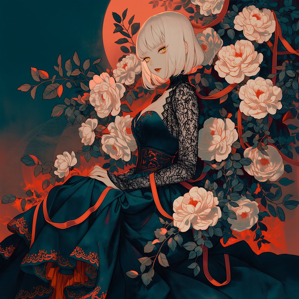 An elegant gothic woman sits sideways among oversized ivory blossoms, crimson roses, and dark teal foliage, turning toward the viewer with half-lidded amber eyes. She has a softly waved silver-white bob and a fitted black gown with lace, embroidered sleeves, and a sculpted corset. Deep-teal skirt folds reveal crimson lining and burnt-orange embroidery. Crimson ribbons with orange edging weave through the flowers, leaving breathing room around her pale face and hands. A deep-teal background fades into charcoal, with muted burnt-orange light behind her head, faint crimson haze below, and botanical shadows. Fine ordered dithering, delicate checkerboard patterns, and clustered pigment grains soften background transitions only; the woman and flowers remain smoothly painted. Crimson, deep teal, glowing orange, lacquer black, and warm ivory palette. Soft frontal fill, luminous hair, readable black fabric, subtle orange rim light, refined gothic anime, precise linework, dramatic floral framing — Midjourney Niji 7