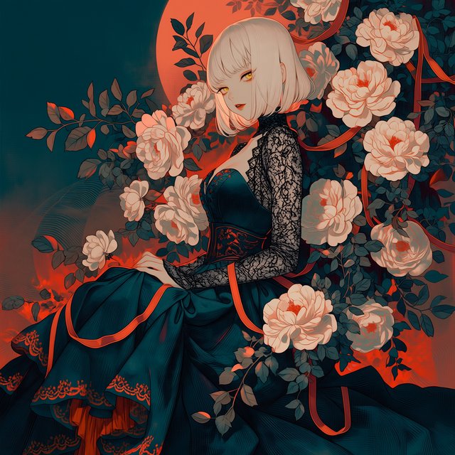 An elegant gothic woman sits sideways among oversized ivory blossoms, crimson roses, and dark teal foliage, turning toward the viewer with half-lidded amber eyes. She has a softly waved silver-white bob and a fitted black gown with lace, embroidered sleeves, and a sculpted corset. Deep-teal skirt folds reveal crimson lining and burnt-orange embroidery. Crimson ribbons with orange edging weave through the flowers, leaving breathing room around her pale face and hands. A deep-teal background fades into charcoal, with muted burnt-orange light behind her head, faint crimson haze below, and botanical shadows. Fine ordered dithering, delicate checkerboard patterns, and clustered pigment grains soften background transitions only; the woman and flowers remain smoothly painted. Crimson, deep teal, glowing orange, lacquer black, and warm ivory palette. Soft frontal fill, luminous hair, readable black fabric, subtle orange rim light, refined gothic anime, precise linework, dramatic floral framing — Midjourney Niji 7