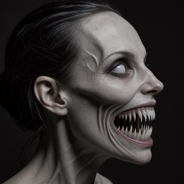 A creepy woman in side profile. Focus on the head with a slightly alien figure. Pale skin. No irises in the eyes. Mouth is open wide with very sharp, long razor teeth. Black background. Chiaroscuro effect. — FLUX 3 Image