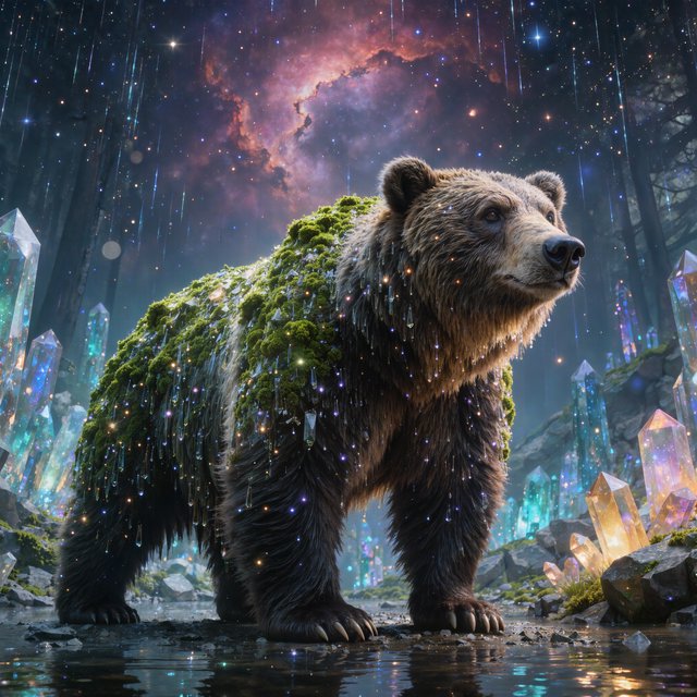 A colossal ancient bear, its fur woven with moss and starlight, stands at the edge of a shimmering, otherworldly forest. The trees are made of crystal and emit a soft, ethereal glow. In the distance, a nebula swirls in the twilight sky. The scene is rendered in a fantasy art style, with surrealist elements and cinematic lighting that emphasizes the majestic scale of nature. — Kling v3 Omni