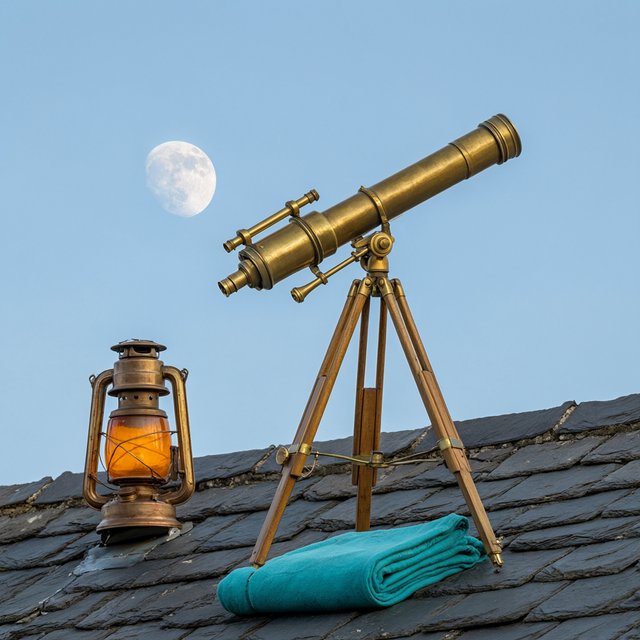 On a slate rooftop, exactly one brass telescope points east; one amber lantern sits to its left, one folded teal blanket lies beneath the tripod, and one pale moon hangs behind it in the clear sky, nothing else. — Model 18